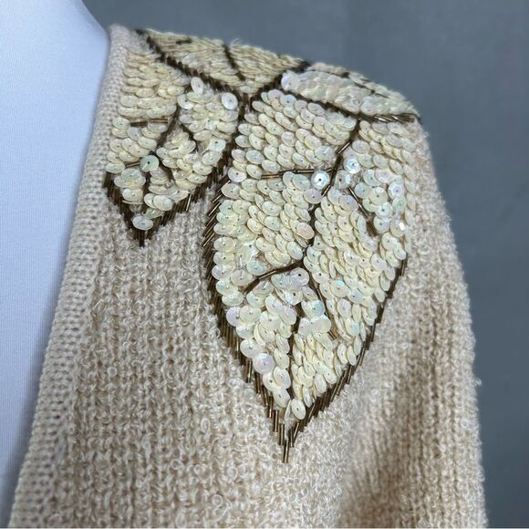 Vintage Wool Blend Cardigan Womens Cream Floral Sequin Sweater Adele Joyce - Picture 5 of 9